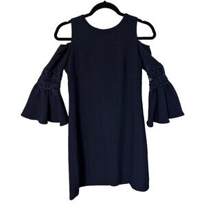 Eliza‎ J. Dress Women's 4P Navy Lace Applique Crepe Cold Shoulder Cocktail Dress
